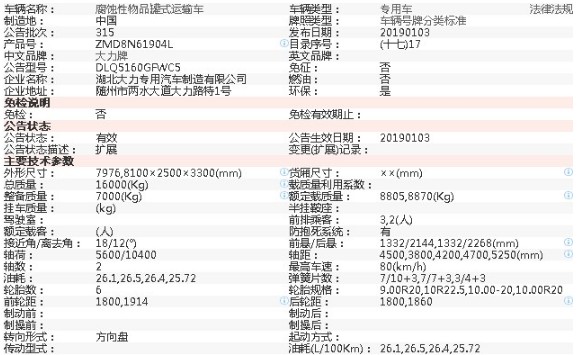 解放龍V單橋DLQ5160GFWC5型腐蝕性物品罐式運輸車整車參數 解放龍V單橋DLQ5160GFWC5型腐蝕性物品罐式運輸車整車參數